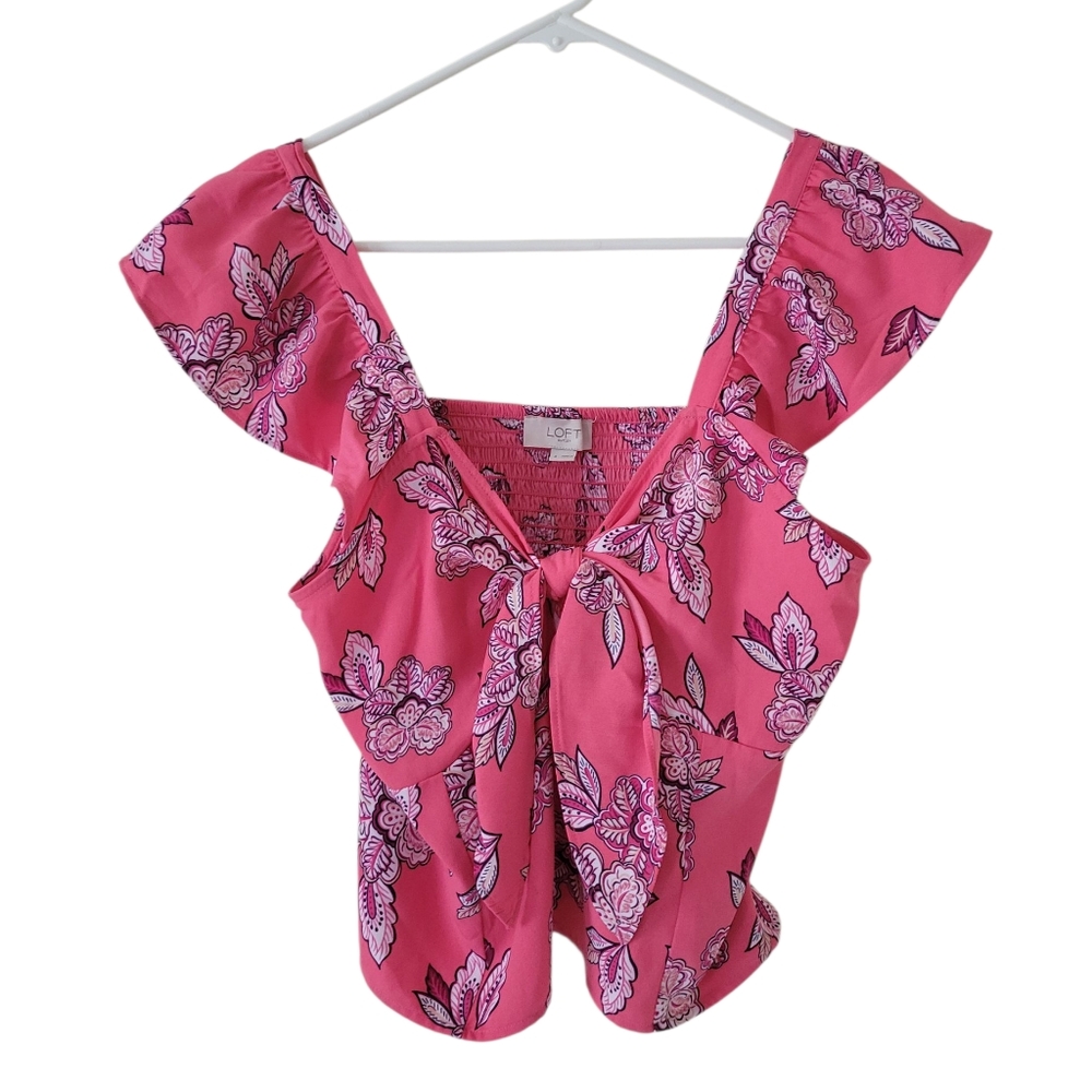 LOFT Pink Floral Tie-Front Flutter Sleeve Top zipper side
